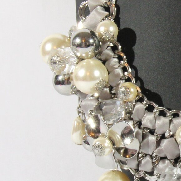 Chico's Silver Tone and Grey Fabric, Faux Pearls and Rhinestones Necklace - Picture 4 of 10